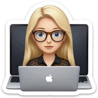 long blonde hair woman blue eyes on mac lap top with tortoise shell print glasses with black shirt sticker