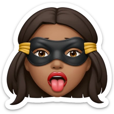 woman with dark brown hair wearing black blind fold completely covering her eyes. tongue out and saliva coming from mouth sticker