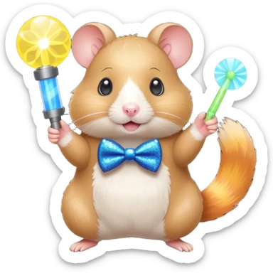 A hamster wearing a glittery bowtie, spinning around with a glow stick



















 sticker
