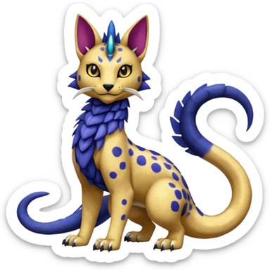 Egyptian furry hyper-realistic colorful with black rosette-splotches, scaley Bastet-Liepard-Noibat-Gatomon-Garchomp-Digimon-Fakémon-Pokémon-creature (full body) sticker