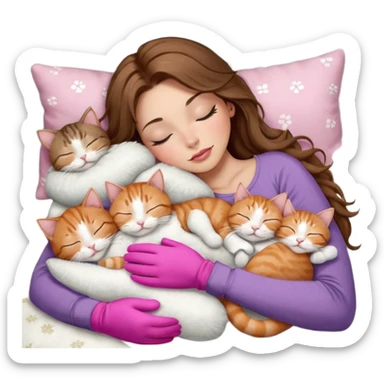 girl with long wavy brown hair, brown eyes, long lashes makeup, sexy pink lips, light to medium complexion,  sleeping on a cozy pillow, with 6 cats: 1 brown and white tabby cat, 1 ginger and white, 2 grey and white, 1 grey with white mittens and small white patch on chest and 1 calico, sleeping sticker
