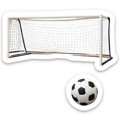A close-up of footballs and a goal on a covered indoor futsal court with a wooden floor. The scene highlights the details of the balls and goalposts, with the smooth, polished court surface creating a clean and focused atmosphere for the game. sticker