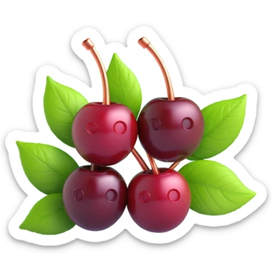 3d emoji of a cherry with two cherries and a leaf, glossy dark red cherries with copper stems and vibrant green leaves, realistic texture and lighting sticker