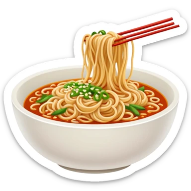 Wuhan hot dry noodles with sesame paste, simplified emoji style with bold outlines and bright colors, cartoon style Chinese noodle bowl sticker