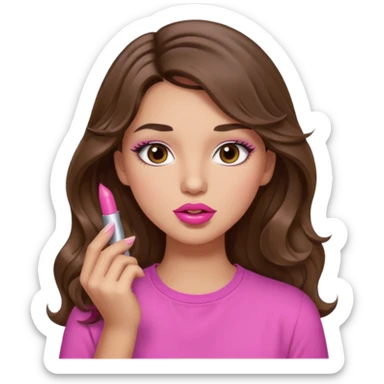 girl with long wavy brown hair, brown eyes, light to medium complexion, in a pink shirt, pink lips, long lashes, puckered lips, putting on lipstick sticker