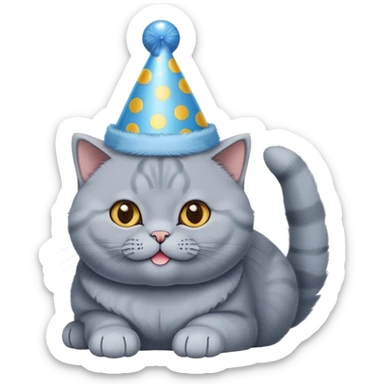 British shorthair blue cat happily wears a birthday hat sticker