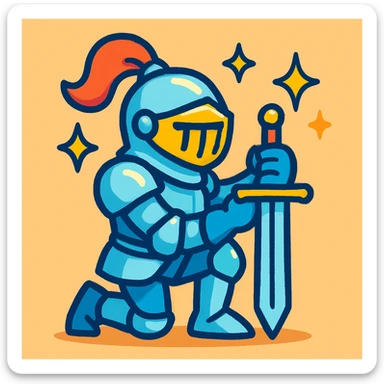 a knight kneeling with sparkles, cartoon style, bright colors sticker