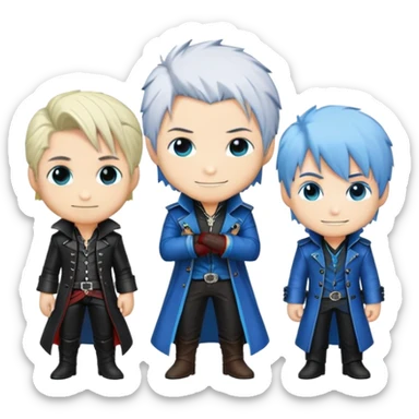 Cute chibi Dante, Vergil, and Nero from Devil May Cry, big heads, small bodies, childlike proportions sticker