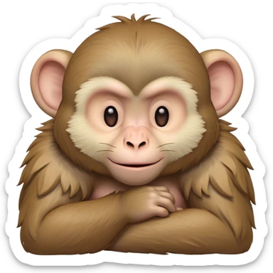 Beautiful and Majestic Cheeky Macaque Portrait Emoji, Head resting in a relaxed, contented smirk with eyes half-closed in a dreamy, playful slumber, showcasing soft, gently ruffled fur and a compact, agile build, Simplified yet exquisitely endearing features, highly detailed, glowing with a soft, radiant light, high shine, serene yet mischievous, stylized with an air of refined playful charm, soft glowing outline, capturing the essence of a beautiful and majestic macaque that embodies both cheeky humor and gentle elegance! sticker