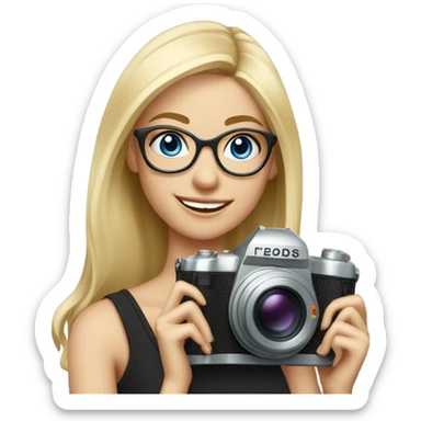Elegant real blonde girl with glasses smiling blue eyes taking pictures with a camera  sticker