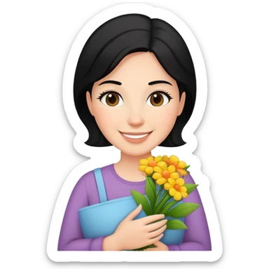 black haired mother holding flowers smiling sticker