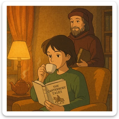 cozy scene of a person reading the Canterbury Tales and drinking tea, Chaucer in medieval attire standing behind, warm lighting sticker