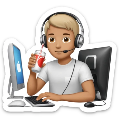 Hombre tomando blanco un refresco frente a un ordenador sticker