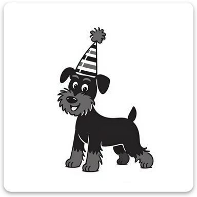 A schnauzer dog wearing a colorful birthday hat sticker