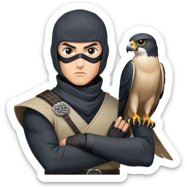 clash-of-clans-aesthetic_-cinematic-mysterious-male-ninja-portrait-emoji, rendered in a flat, vector-style with minimal shading and bold, simplified shapes, with a head slightly turned revealing intense, focused eyes. the ninja has his arm out and perched on top of it is  a peregrin falcon  sticker