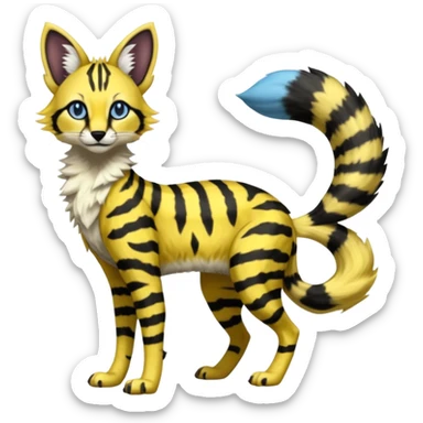  spotted hype-realistic, black-maned, vibrant yellow Genet-Serval-Sergal-Margay-Fox-fusion-hybrid-furry-fursona, full body, with a long puffy fluffy black-and-white-striped tail, black long big ears, with natural blue eyes sticker