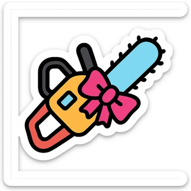 simple icon of a chainsaw with a pink bow, minimalistic, clear lines, easy to recognize sticker