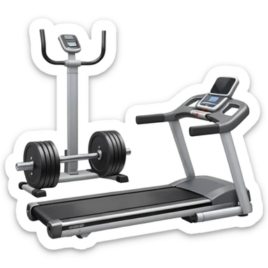 A treadmill set behind Two heavy dumbbells side by side on the floor  sticker