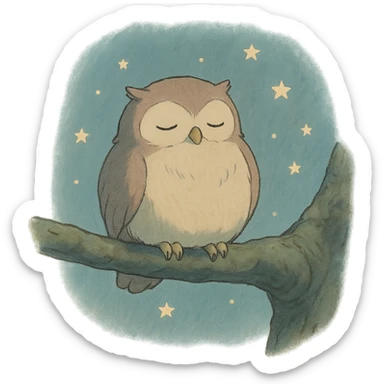 sleepy owl on a tree branch with stars, muted night palette, soft pastel colors, transparent background, ghibli style sticker