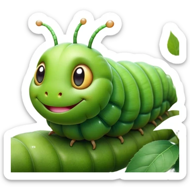 Cinematic Realistic Cute Caterpillar Portrait Emoji, Head tilted playfully and inquisitively, featuring a compact, segmented body in bright, vibrant green with delicate, inviting textures and a charming, rounded face with sparkling eyes full of curiosity, rendered with lifelike detail and natural highlights, high shine, affectionate and spirited, styled with a touch of garden whimsy, soft glowing outline, capturing the essence of a mischievous yet lovable caterpillar that seems poised to crawl cheerfully into your arms! sticker