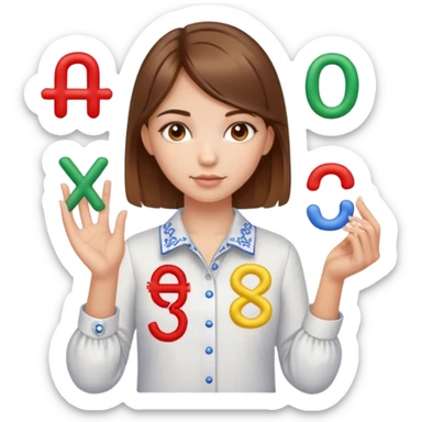 A Ukrainian girl with brown hair wearing an embroidered shirt holds mathematical signs in her hand sticker