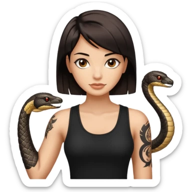 Femme brune yeux marron avec une coupe carré noir qui descend sur l'épaule , femme couleur de peau un peu bronzé mais pas metisse, avec un cobra a côté , débardeur noi , avec un tatouage sur le bras droit sticker