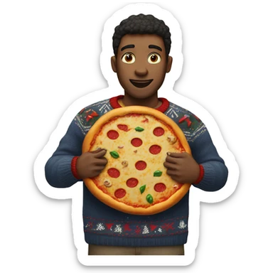 Someone wearing an ugly Christmas sweater and holding a pizza sticker