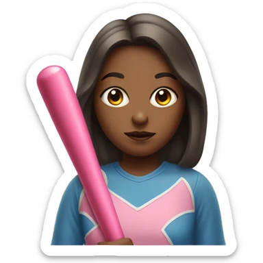 A girl with a bat and a bubblegum sticker
