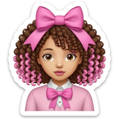 lightskin girl with medium length curly hair, pink bows sticker