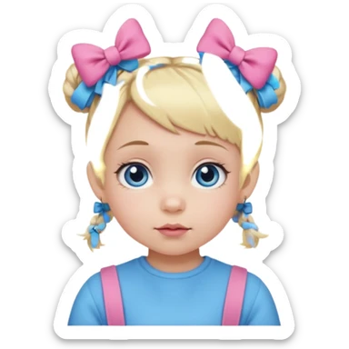 Baby girl with short blonde hair and blue eyes with 2 space bubs and two pink bows sticker