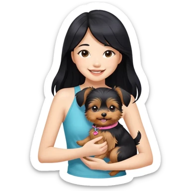 Pretty Asian girl with long, luscious black hair, wearing a cute sleeveless halter top, smiling warmly while carrying an adorable Yorkshire Terrier puppy in her arms sticker