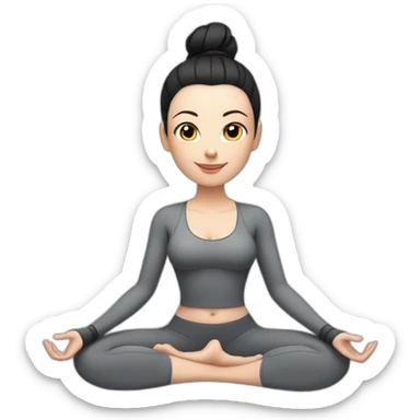 Pale skinned fit woman In a gray tight yoga suit and wristbands With black hair in a bun sits in the lotus position sticker