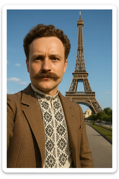 takes a selfie in front of the Eiffel Tower sticker