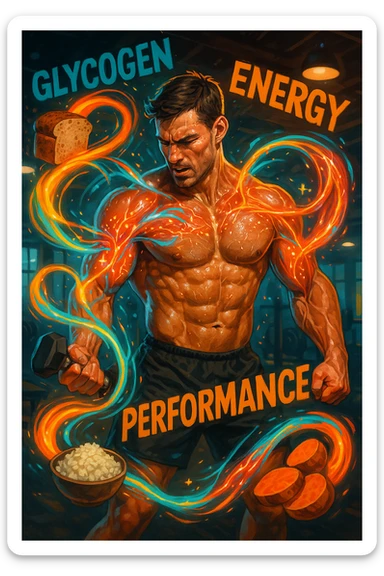 Uomo atletico di circa 30 anni durante un allenamento intenso in palestra, con muscoli ben definiti e sudati. Intorno a lui si visualizzano flussi energetici colorati che partono da fonti di carboidrati (pane integrale, riso, patate dolci) e si dirigono verso i suoi muscoli. I muscoli appaiono attivi, tesi e in pieno sforzo, con piccoli simboli di 'carburante' o energia che entrano nei tessuti. Espressione concentrata e potente. Sullo sfondo, parole come 'glicogeno', 'energia', 'prestazione'. Atmosfera dinamica, intensa e positiva. sticker