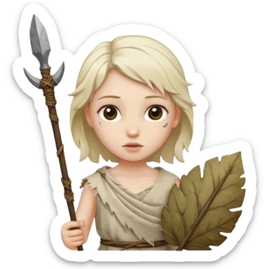 ancient girl, tattered leaf cloth, hold broken stone spear sticker