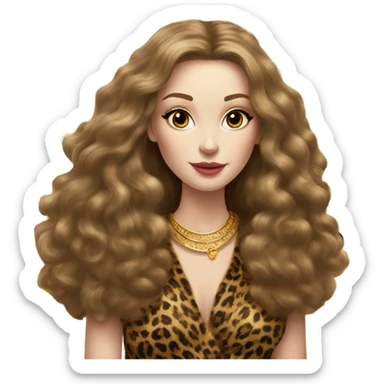 Beautiful pale skin women, long voluminous light brown hair, lots of gold jewelry, long leopard fur coat  sticker