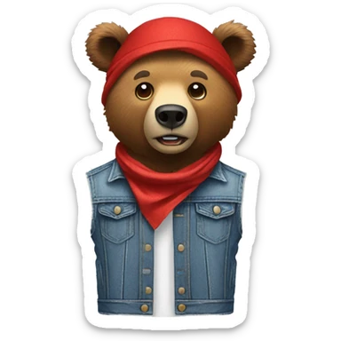 grizzly bear wearing sleeveless jean jacket and red bandana around head with open mouth sticker