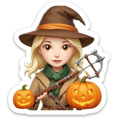 female human monster hunter emoji, wearing brown coat and hat, holding crossbow, soft smile, scarf, glowing pumpkin by her side, Halloween fantasy style, clean vector Apple emoji look, bright colors, white background, square sticker