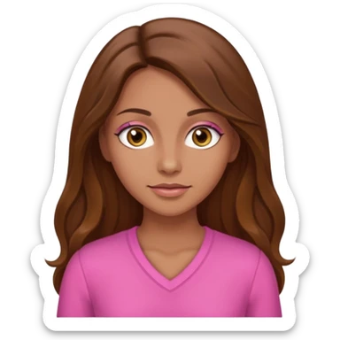 Tan skinned woman with long brown hair, hazel colored eyes, and wearing a pink outfit. sticker