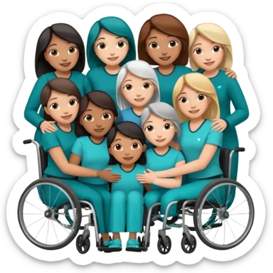 Teal group hug of 8 women with one in wheelchair sticker