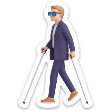 A blind person walking outdoors during the day, holding a single white cane in one hand. The person is wearing sunglasses and walking confidently. Emphasize that there is only one cane sticker