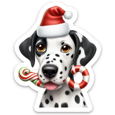 A Dalmatian with brown spots holds a caramel Christmas candy cane in his mouth sticker