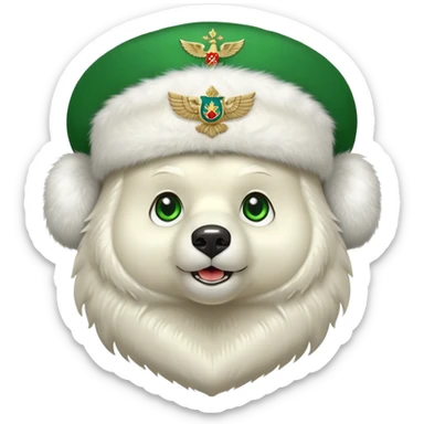 Happy Russian bear with bright green eyes, white fur ushanka hat with double-headed eagle insignia, cute facial expression sticker
