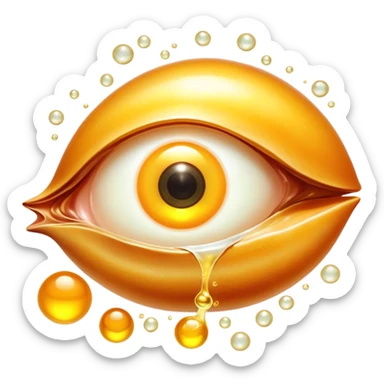 Glowing liver, bright egg yolks, and cod liver oil floating around an ethereal eye that emits golden light. The foods radiate warm amber rays representing vitamin A (retinol) content and its benefits for vision and skin health. sticker