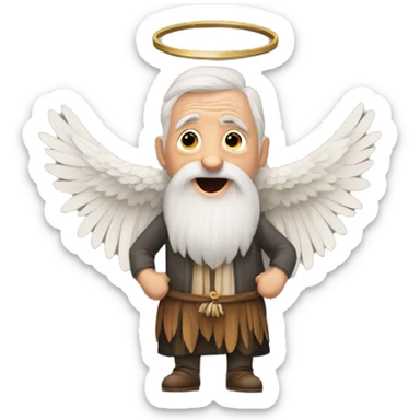 An old man with a beard, with two wings, with one hand raised for worship and a ring in the other hand, with three feathers and rows of feathers in each wing, and a skirt with three rows of feathers. sticker