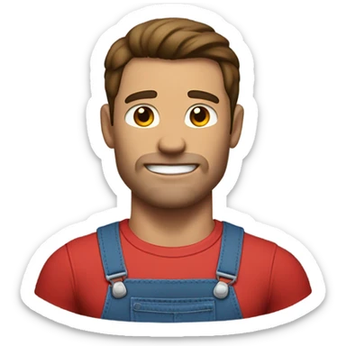 Muscular man with huge arms brown hair wear a red shirt and blue overalls sticker