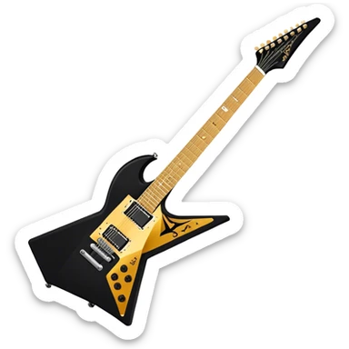Create a bold and dynamic emoji representing the Epiphone Dave Mustaine Flying V Custom electric guitar. The design should feature the sharp, iconic V-shaped body of the guitar, with a custom finish reflecting Dave Mustaine’s signature style. Add intricate details like gold or chrome tuning pegs and pickups, with subtle graphics or patterns that reflect the aggressive, heavy metal aesthetic. Use a color palette of black, gold, and red, with a touch of metallic sheen for the high-end finish. The background should be transparent to emphasize the guitar's iconic shape sticker