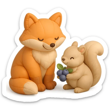 fox and squirrel sharing berries, forest friendship scene, soft pastel colors, cushion style sticker