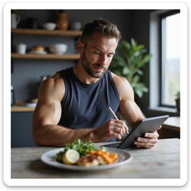 athletic man consulting written or tablet meal plan, plate with healthy foods in front, satisfied expression, hyperrealistic 4K details, modern environment sticker