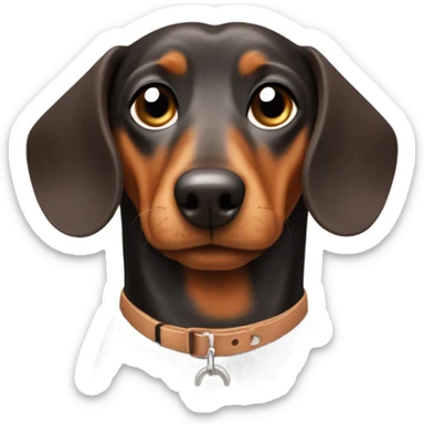 A overweight Brown dachshund with a collar on that has Otis on it sticker